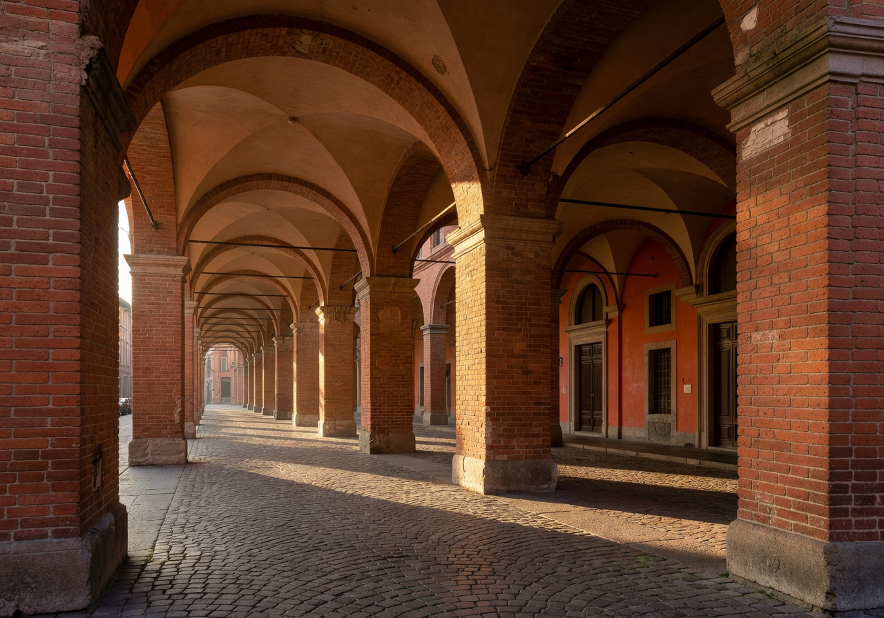 Bologna historic porticoes and red brick architecture in the city center