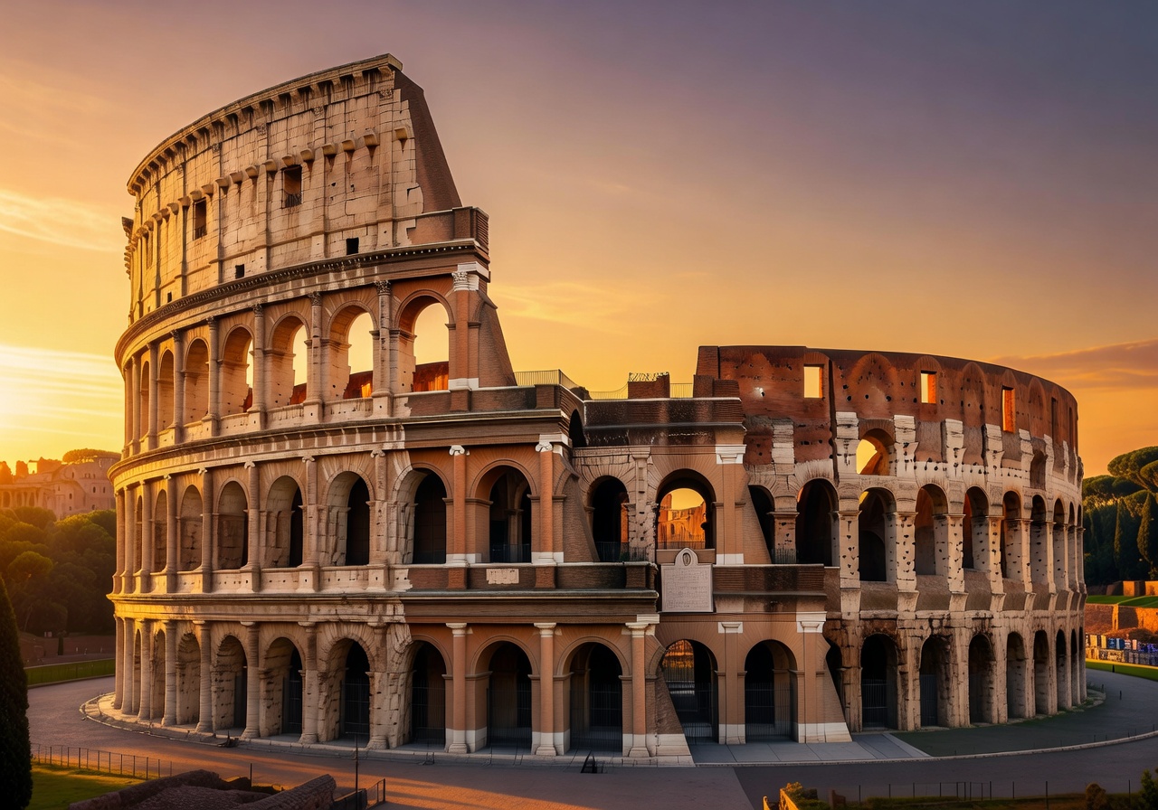 Colosseum in Rome at sunset with warm golden light