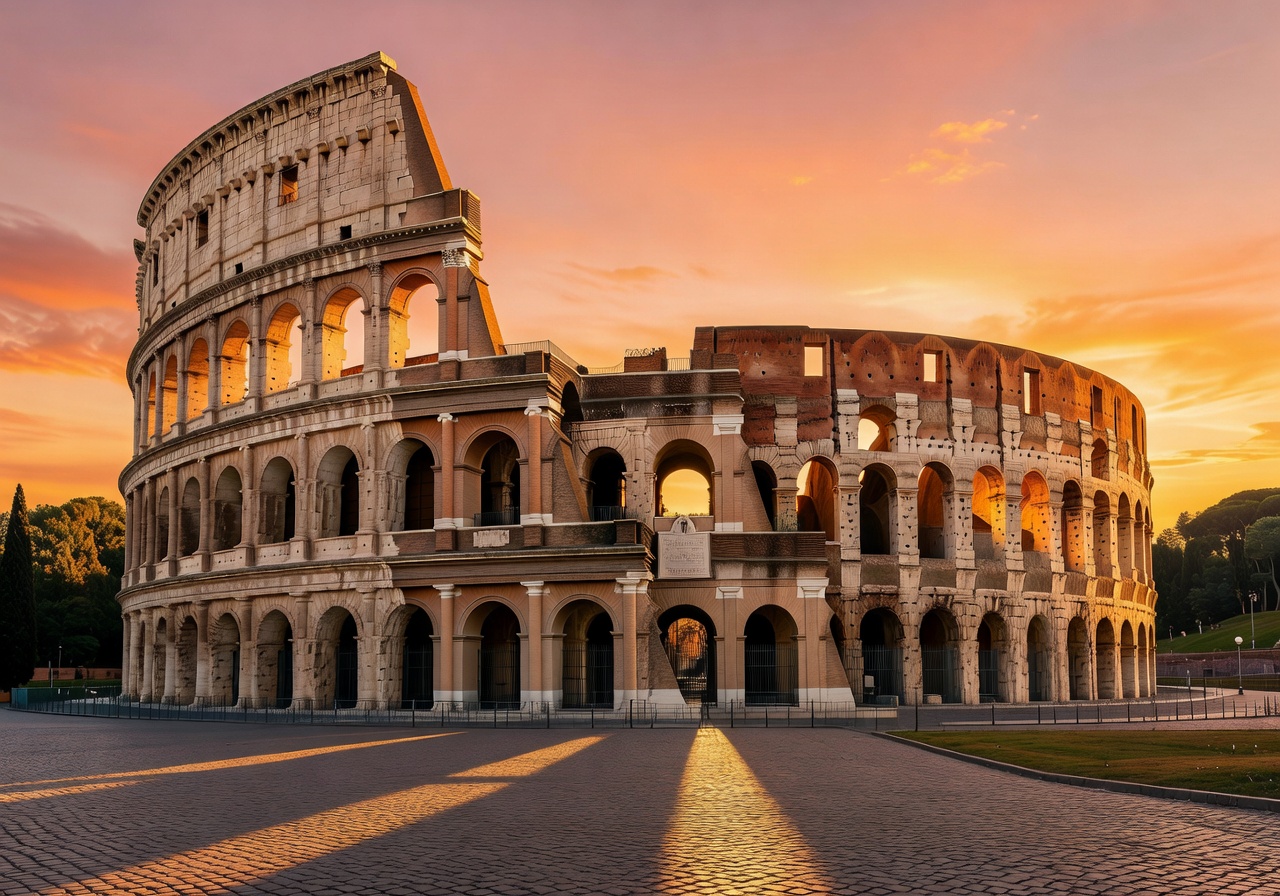 Colosseum in Rome at sunset with warm golden lighting
