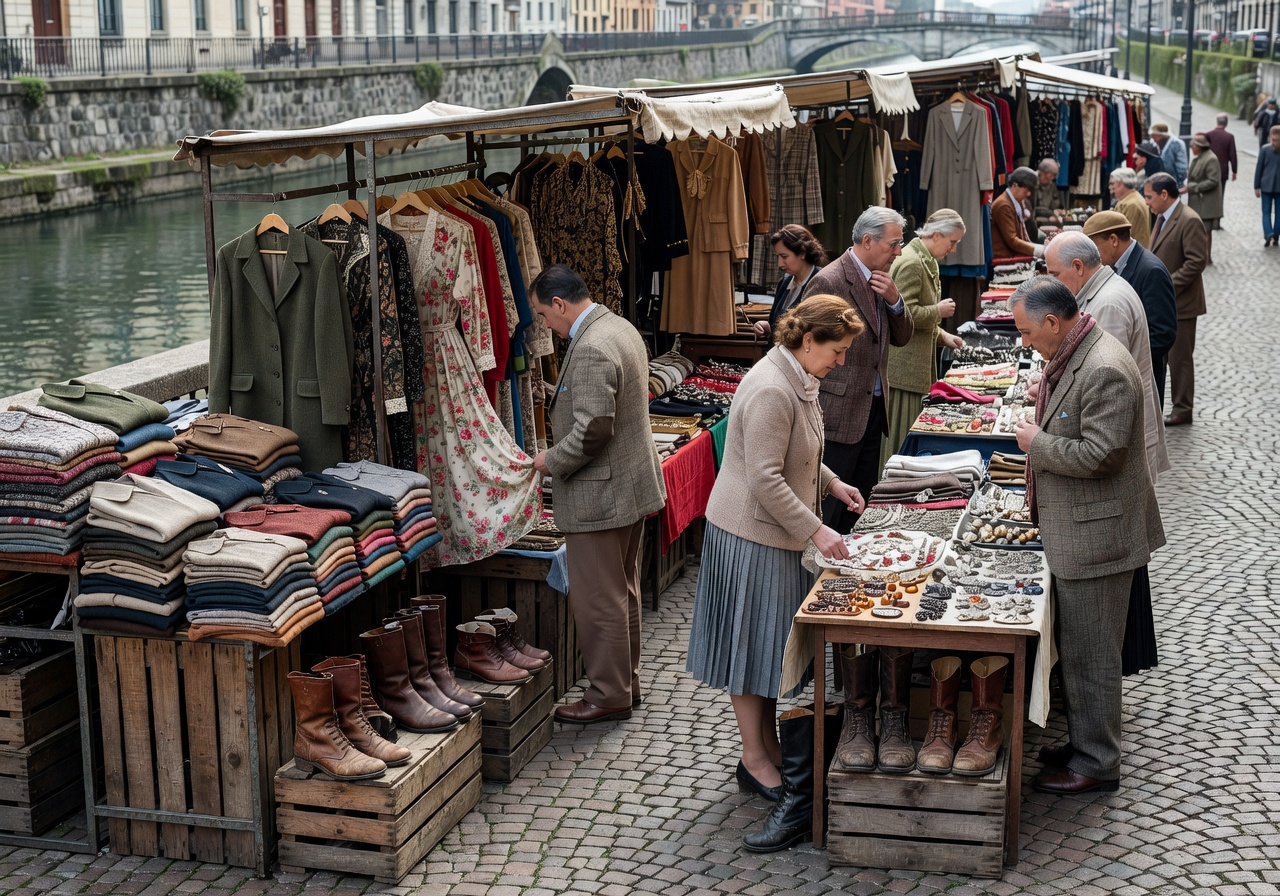 Fiera di Sinigaglia vintage market in Milan with fashion items