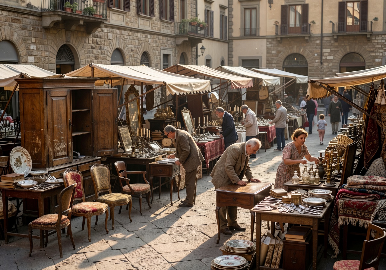 Florence street market with antique furniture and vintage items in Piazza dei Ciompi