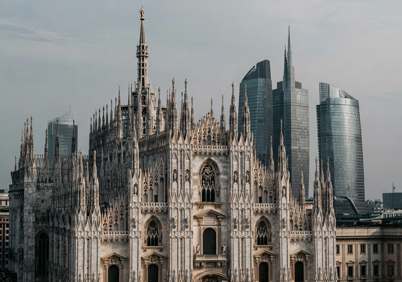 Milan cathedral Duomo with modern architecture in the background