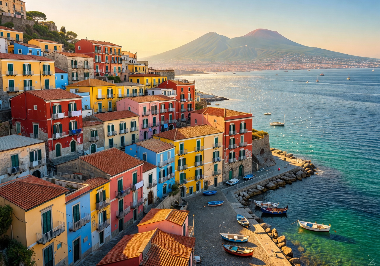 Naples coastline with colorful buildings overlooking the Bay of Naples