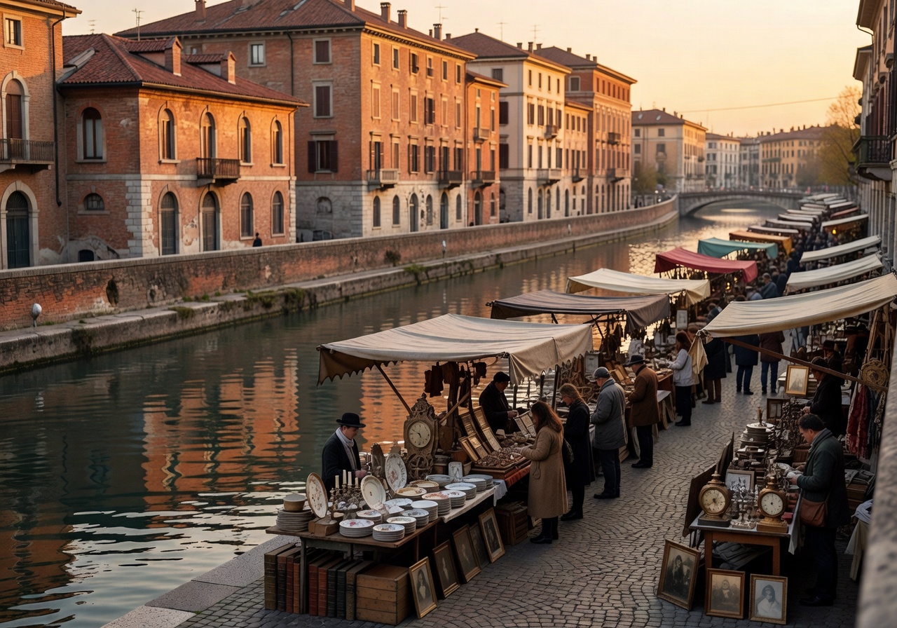 Naviglio Grande canal area in Milan with antique market stalls along the water