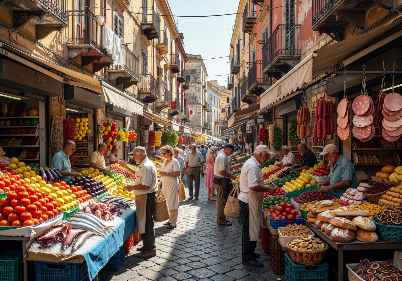 Palermo street scene with vibrant market stalls and Sicilian architecture