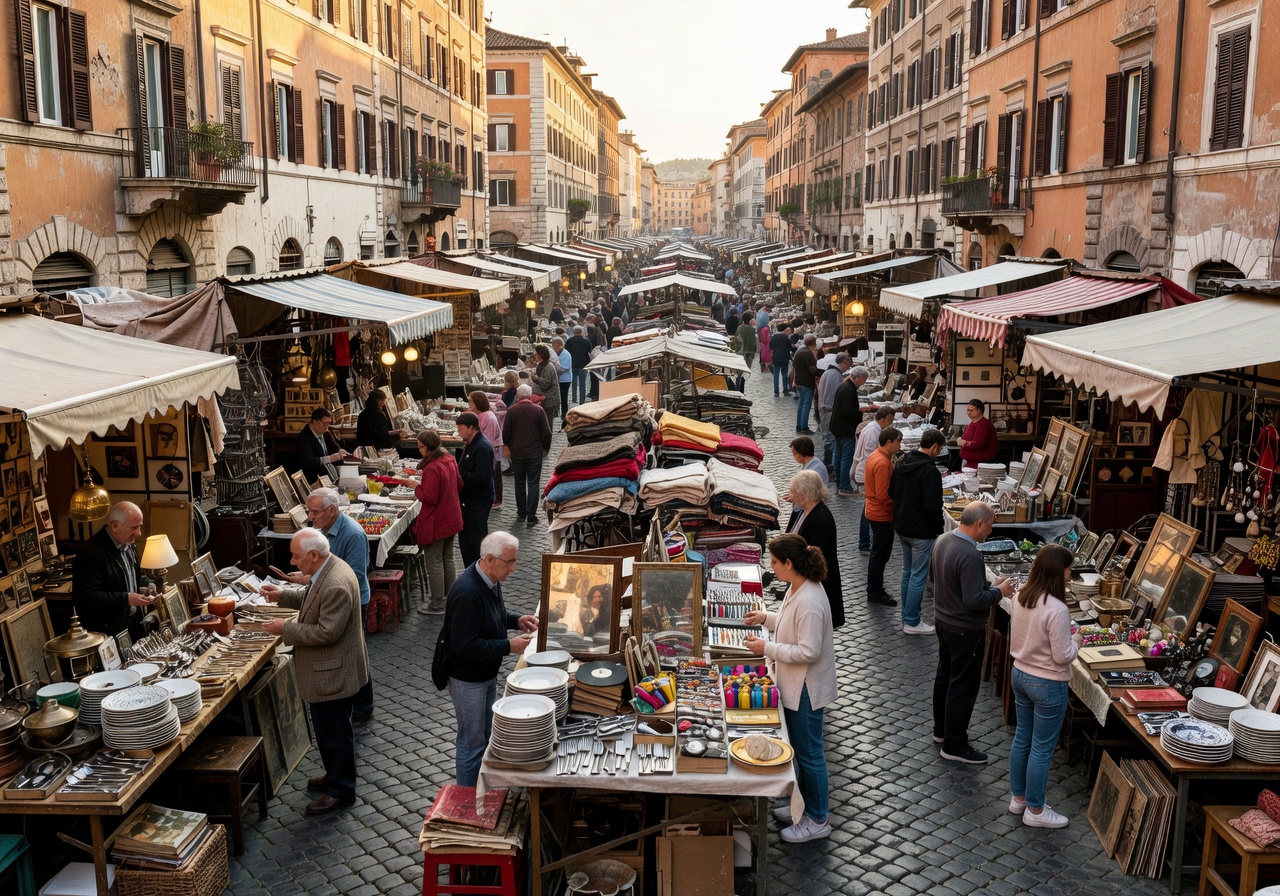 Panoramic view of Porta Portese flea market in Rome with bustling stalls and visitors