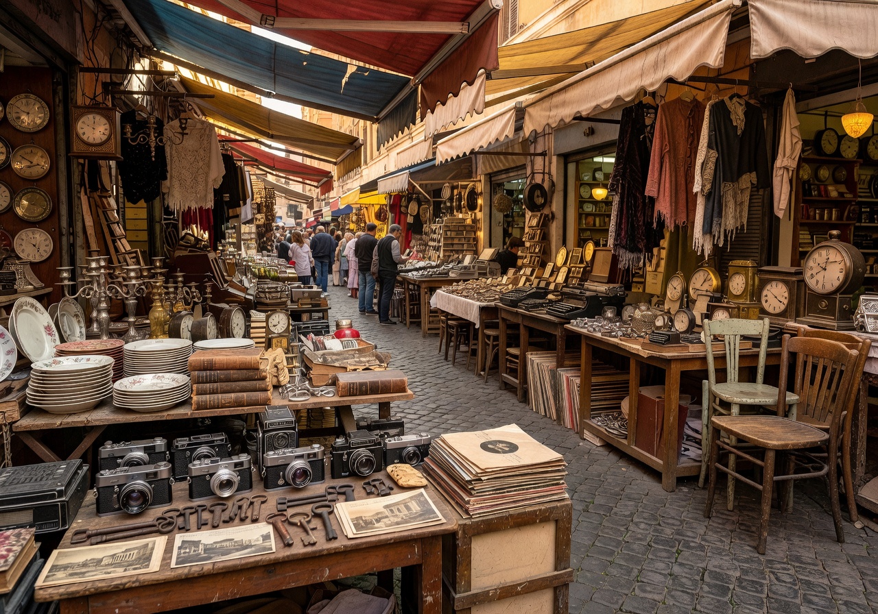 Porta Portese flea market stalls in Rome with vintage items and antiques