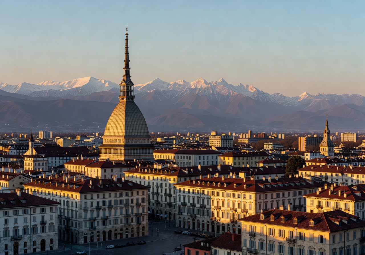 Turin cityscape with the Mole Antonelliana landmark and alpine mountains in the background